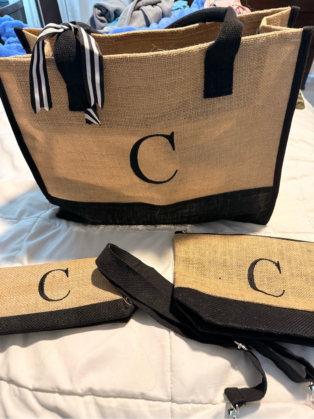 Monogram C Natural Jute Tote and Pouches Set - Black Trim
